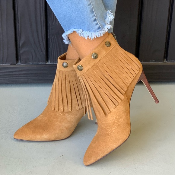 Tan Suede Leather High Heel Fringe Booties - Picture 4 of 8